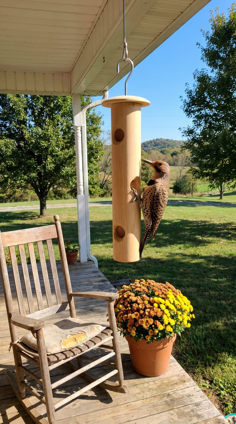 Customer photo: flicker on the cedar log at the porch
