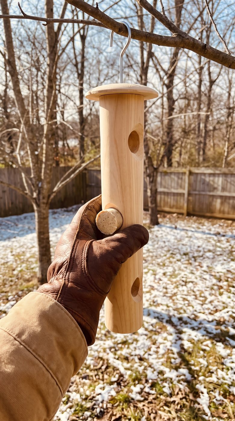 Customer photo: refilling the cedar log with gloves on