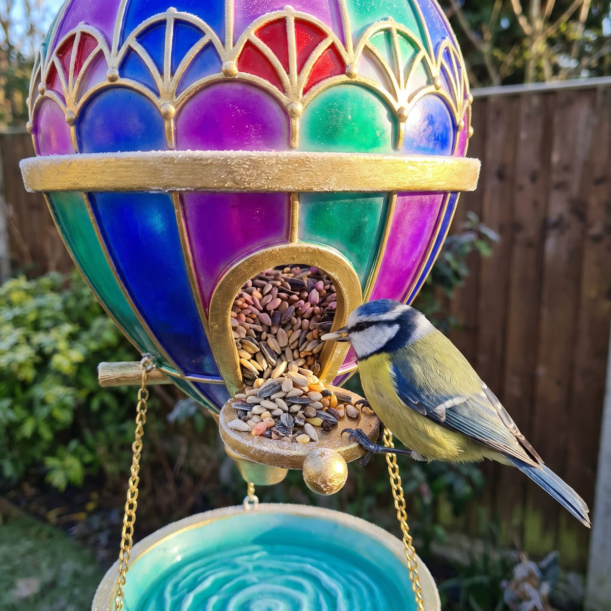 Blue tit taking seed from the arched seed window