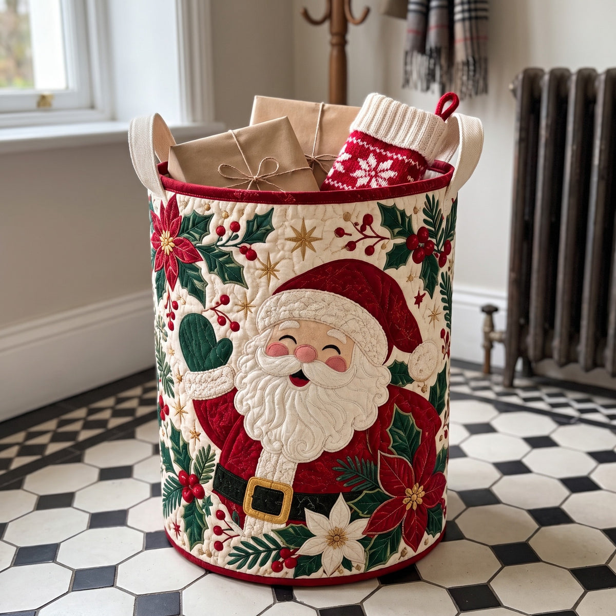 Edwina's hand-quilted Santa Christmas basket – close-up of the appliqué and quilting