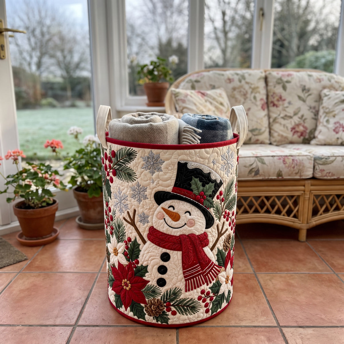 Edwina's hand-quilted Snowman Christmas basket