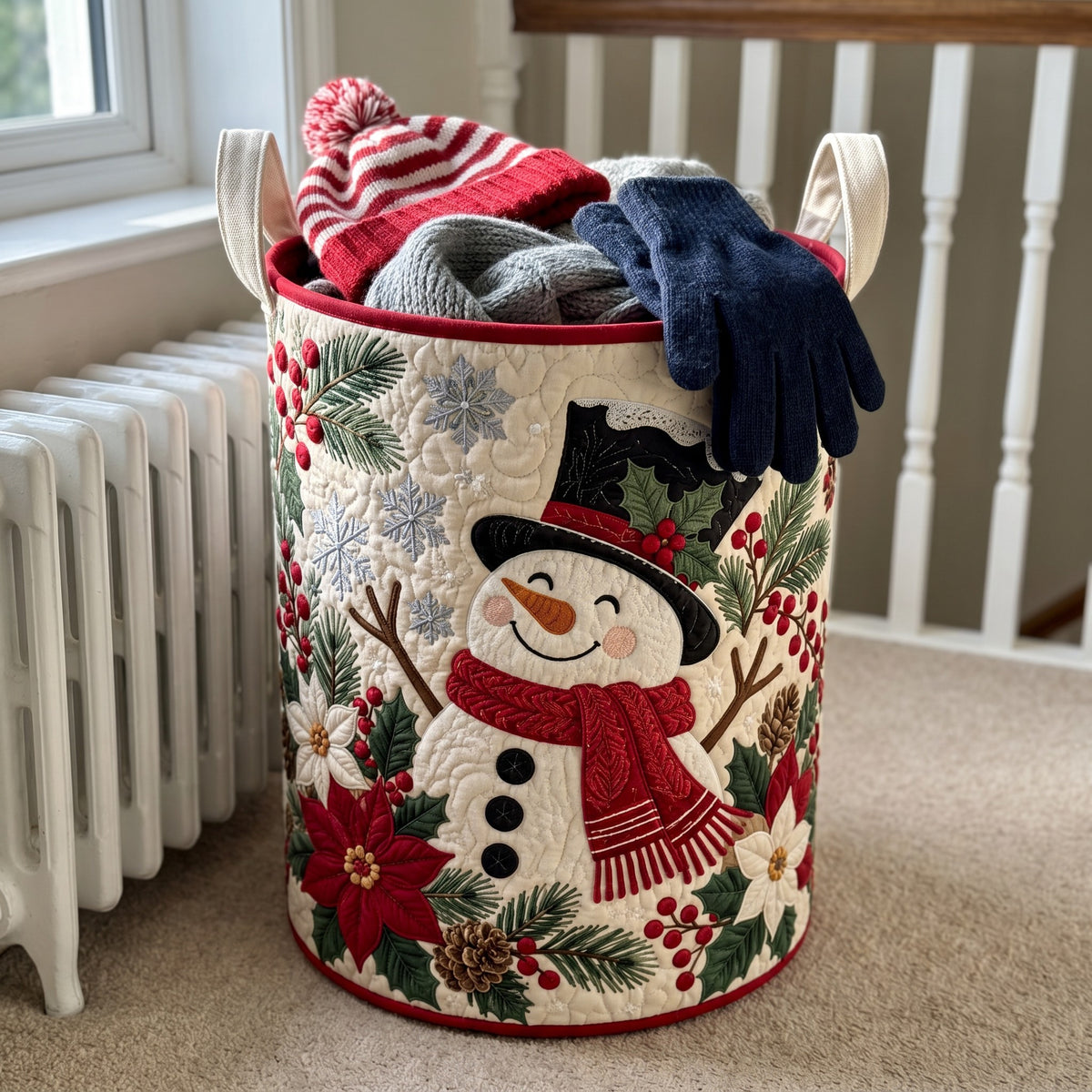 Edwina's hand-quilted Snowman Christmas basket – close-up of the appliqué and quilting