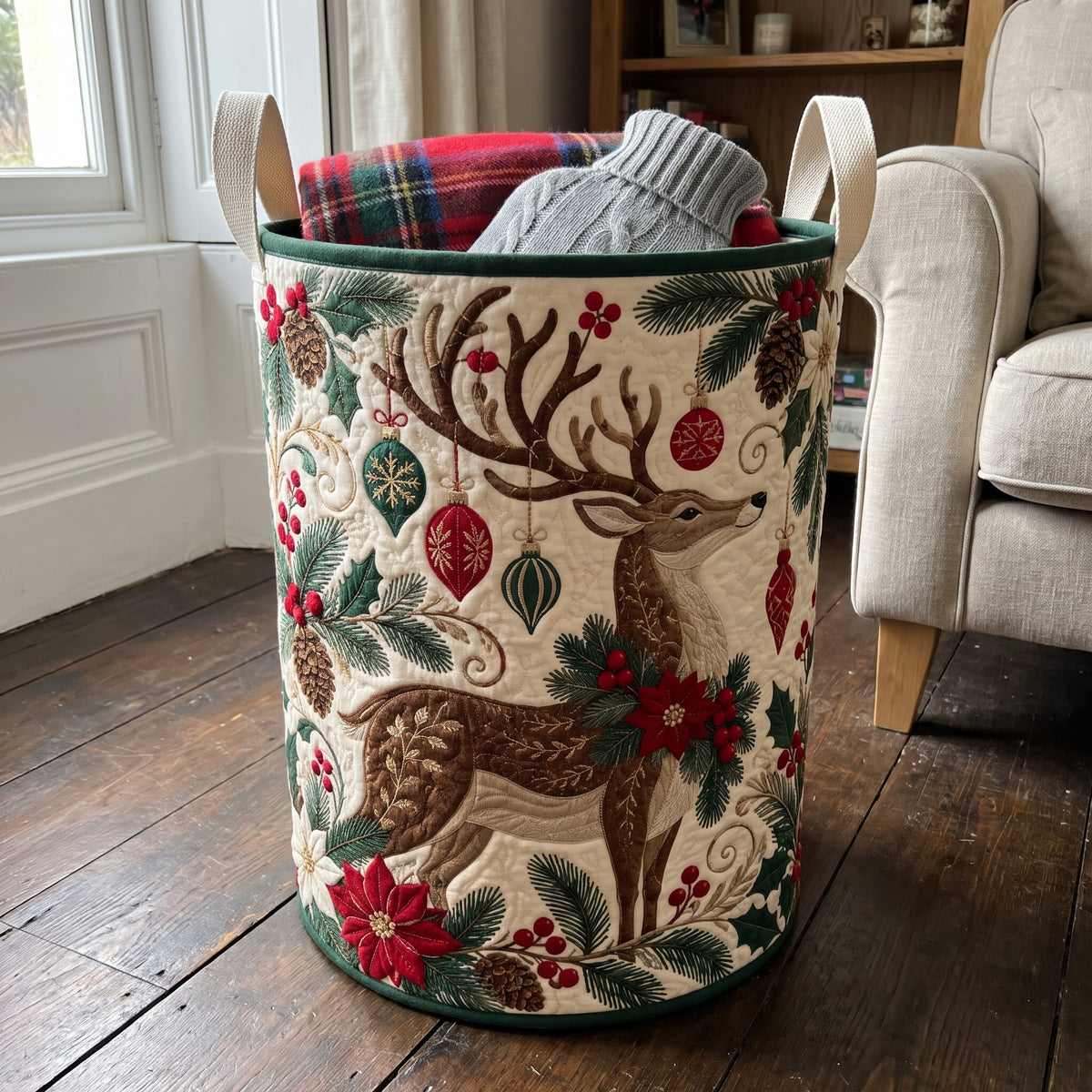 Edwina's hand-quilted Reindeer Christmas basket – close-up of the appliqué and quilting