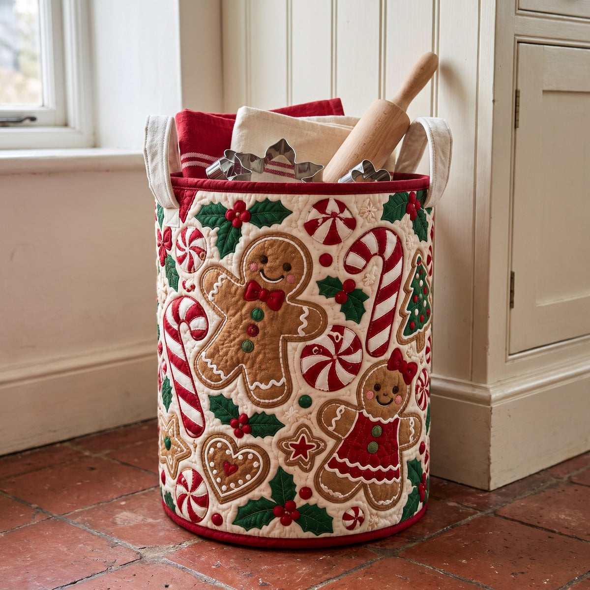 Edwina's hand-quilted Gingerbread Christmas basket – close-up of the appliqué and quilting