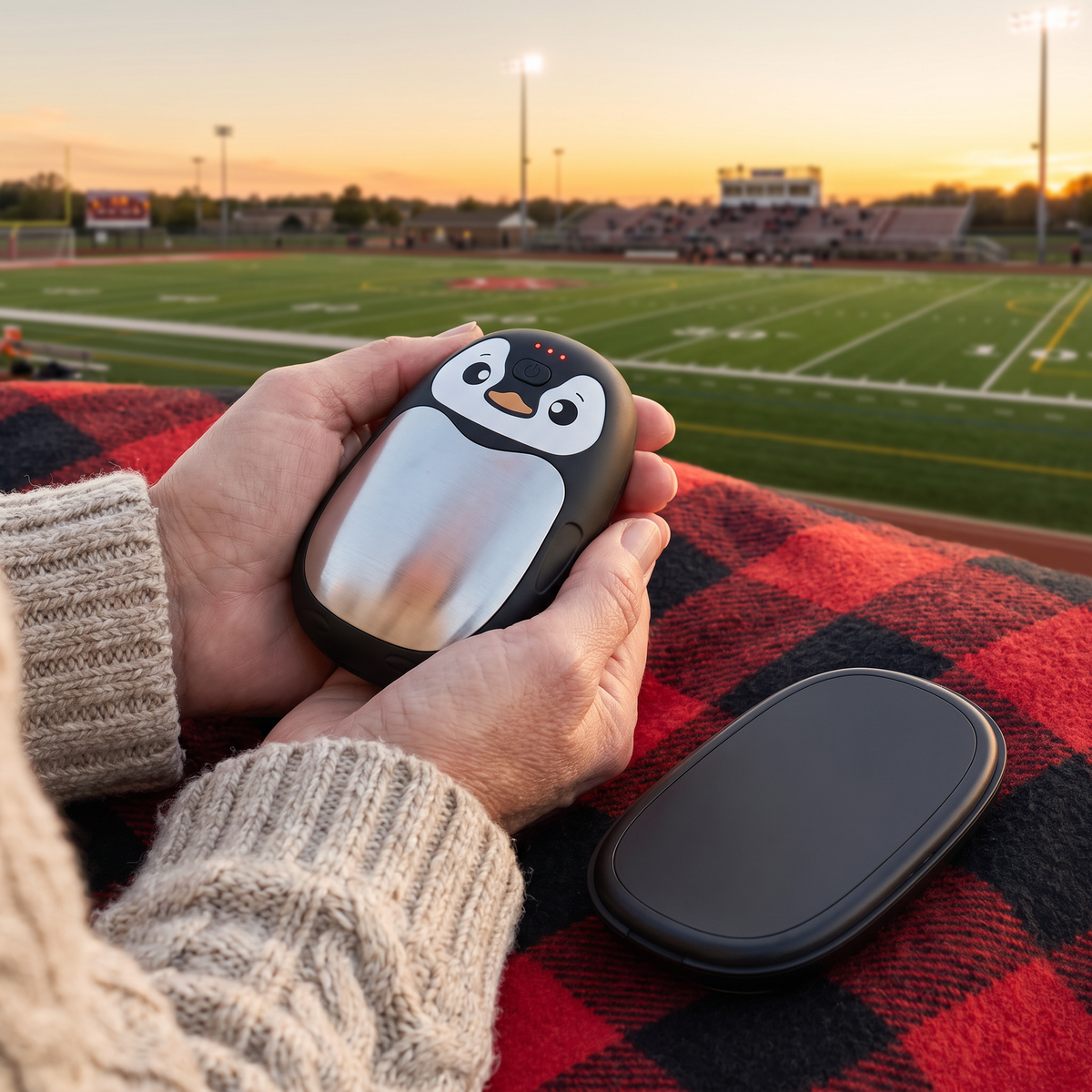 Hands holding the penguin hand warmer at a cold evening football game