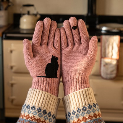 Dusty Rose cat and robin gloves worn, palms up