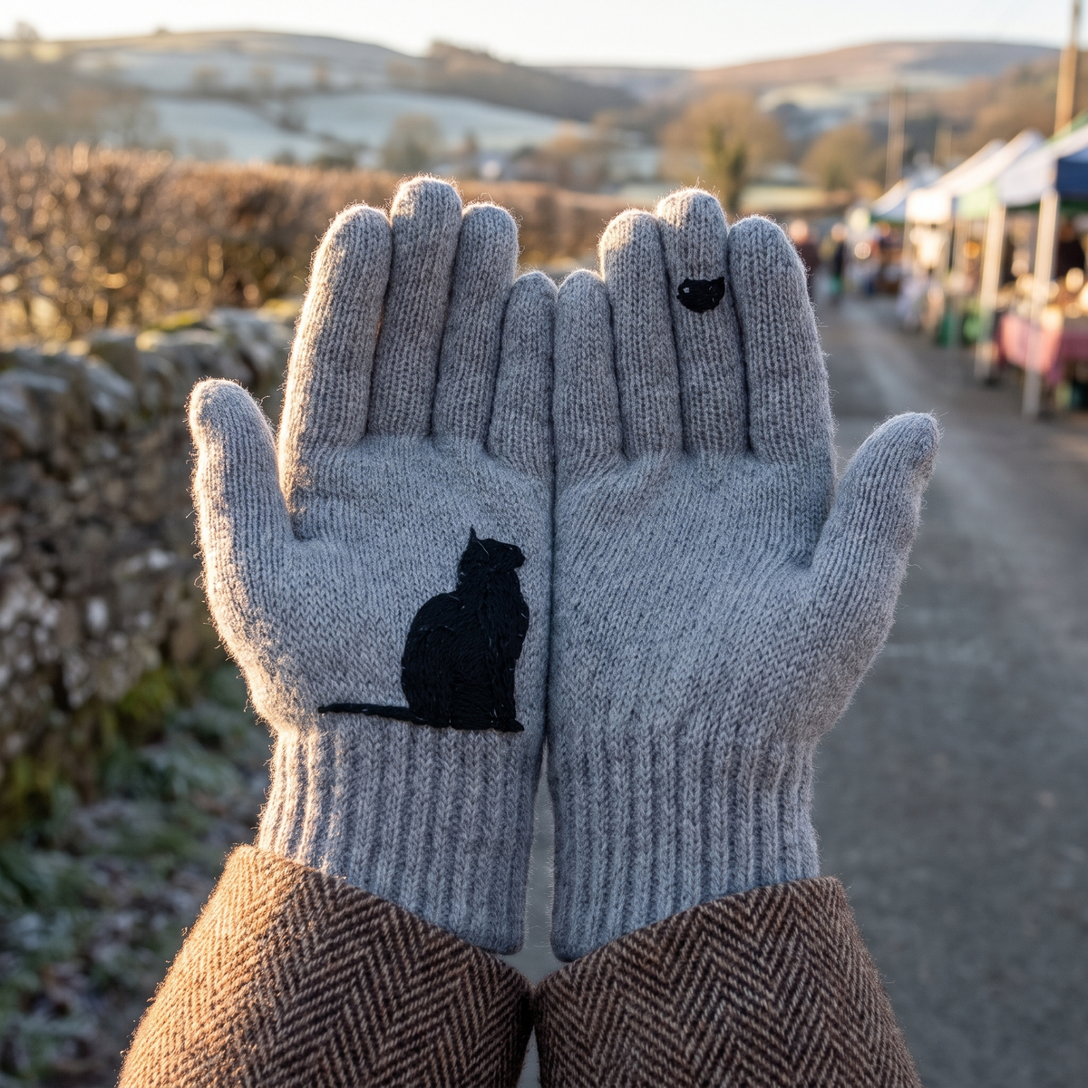 Slate Grey cat and robin gloves worn, palms up