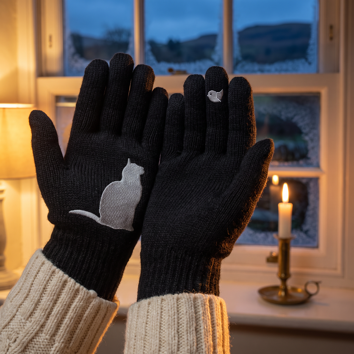 Midnight Black cat and robin gloves worn, palms up