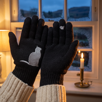 Midnight Black cat and robin gloves worn, palms up
