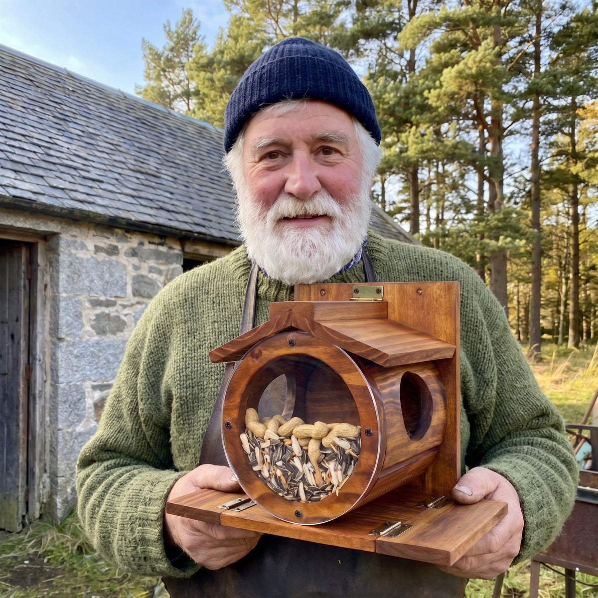 Fergus Munro holding one of his last barrel feeders