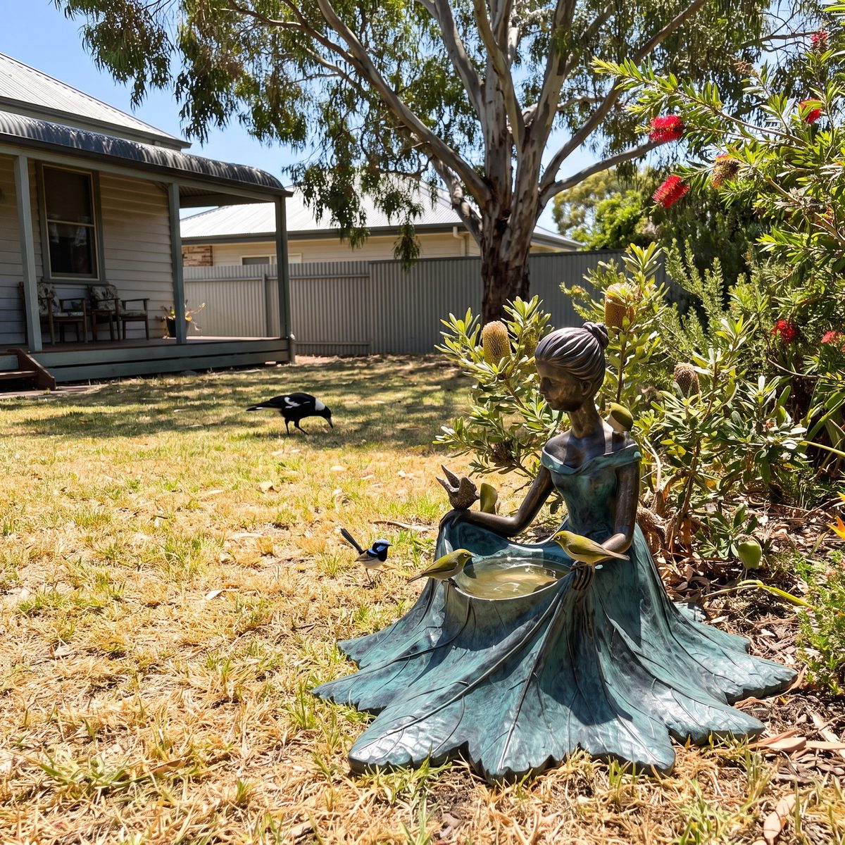 The bird bath in a South Australian backyard with silvereyes