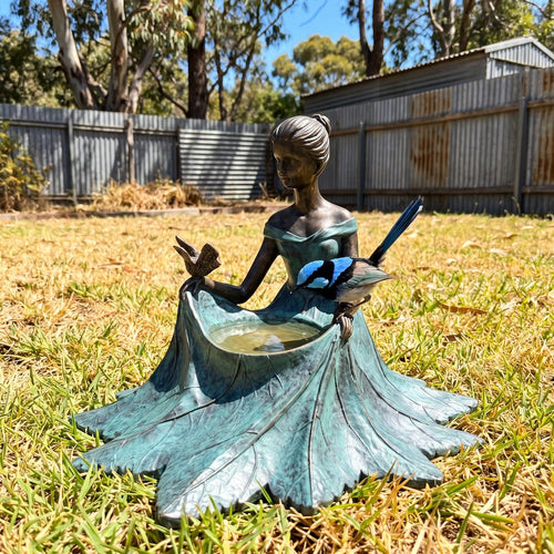 Wal's bronze bird bath with a superb fairy-wren in a sunny backyard