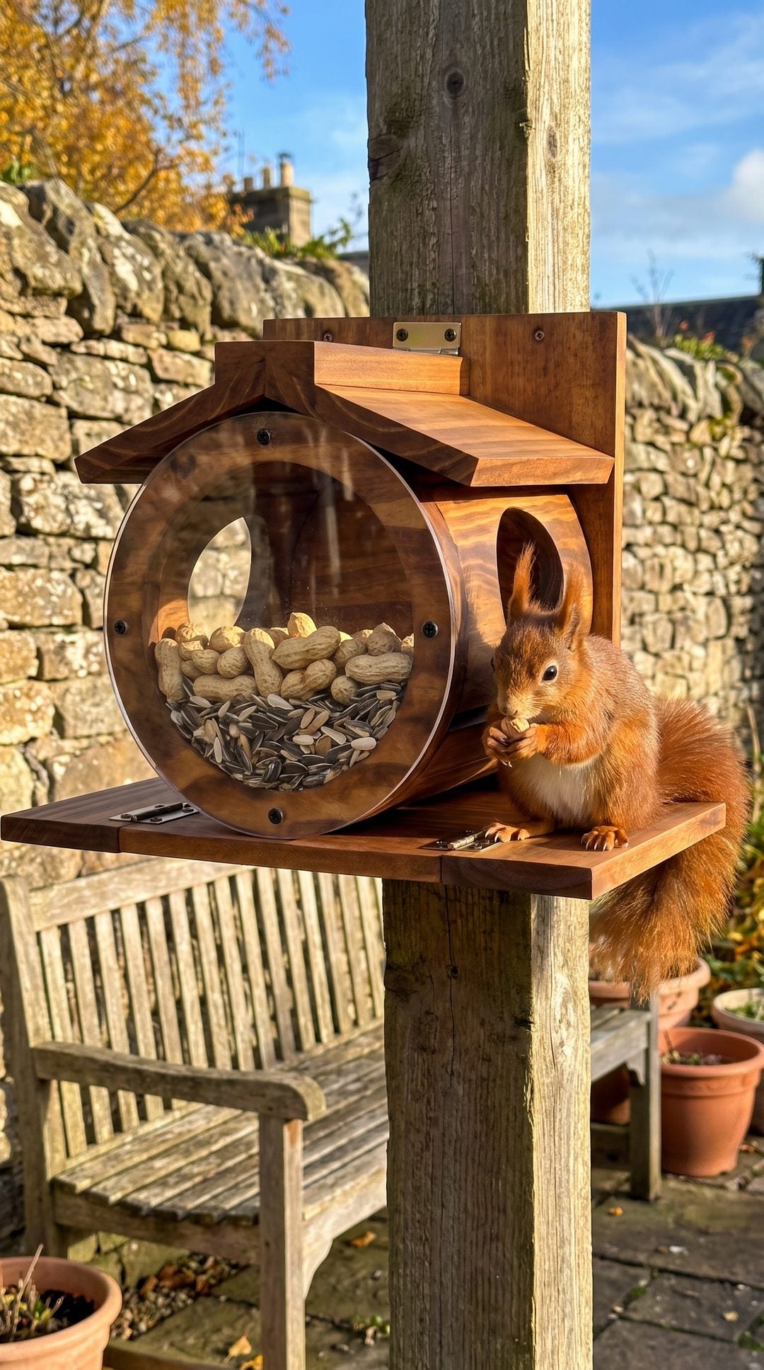 Red squirrel barrel feeder by Fergus Munro