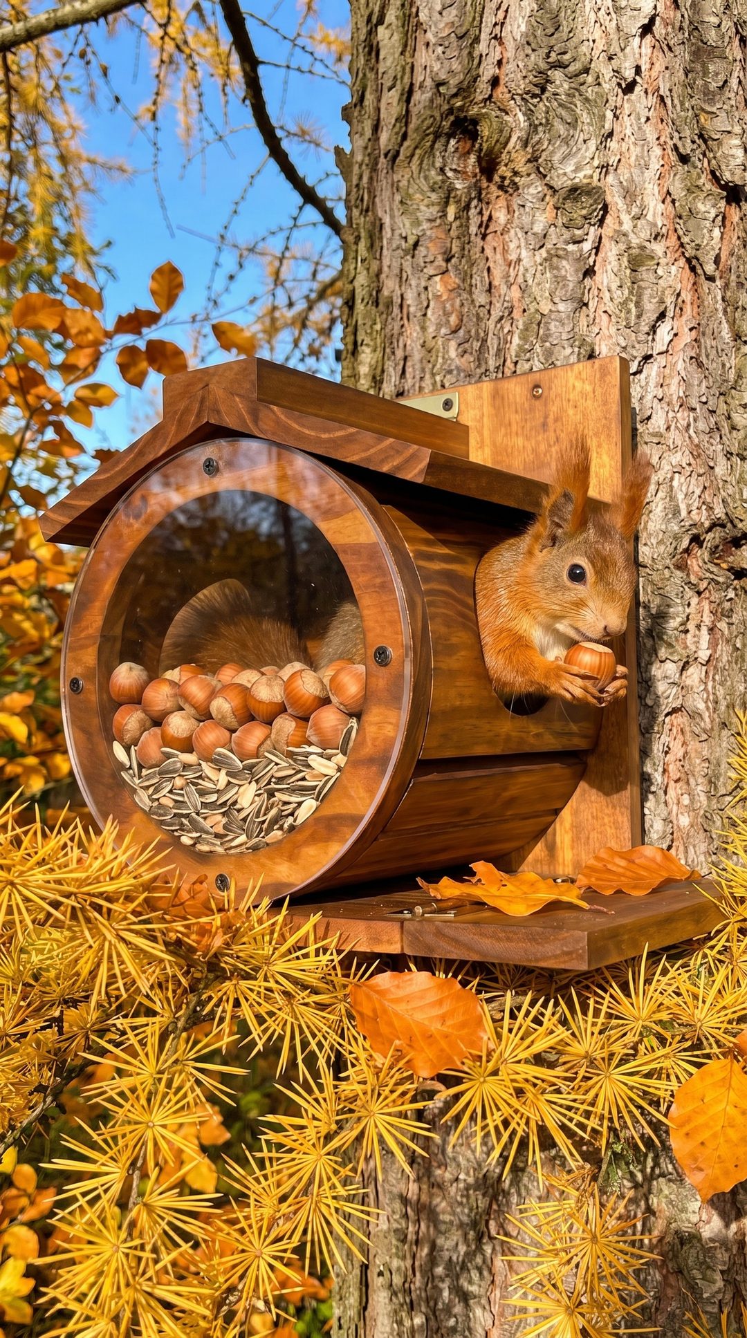 Red squirrel barrel feeder by Fergus Munro