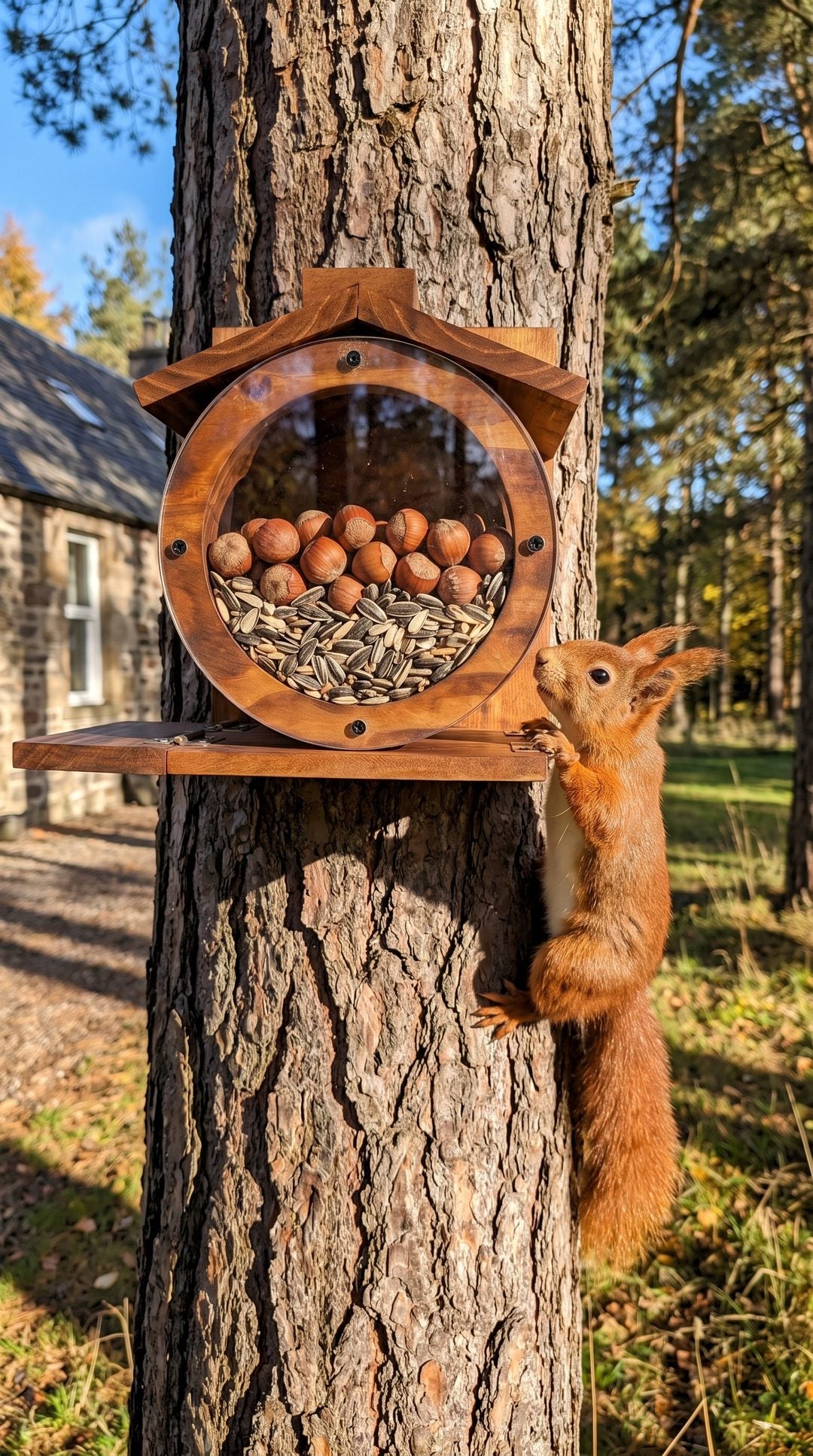 Red squirrel barrel feeder by Fergus Munro