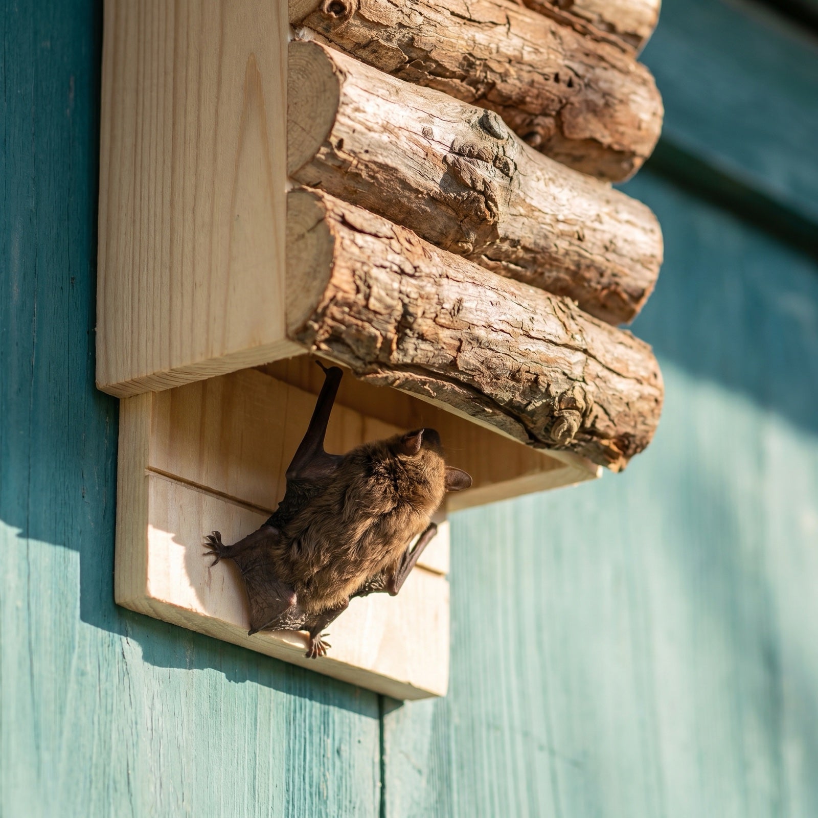 A pipistrelle bat climbing up into the open bottom of the bat box, the only way in