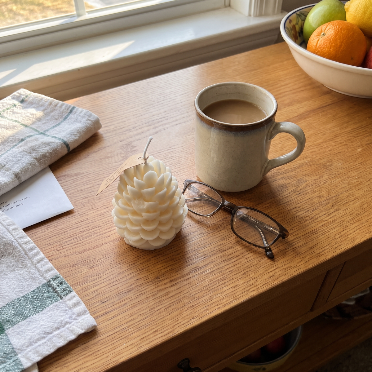 Snow white pinecone candle on a side table