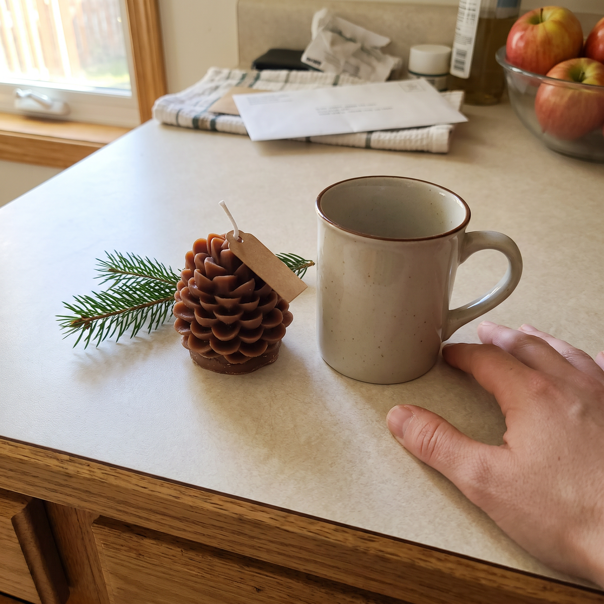 Brown pinecone candle on a kitchen counter