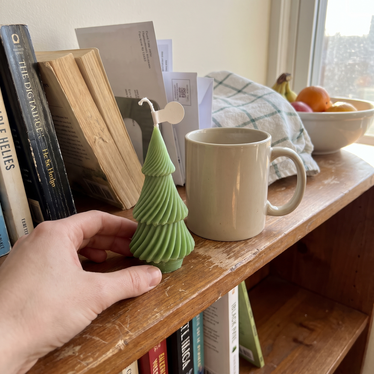 Little Tree candle on a bookshelf