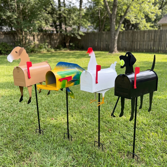 All four animal mailboxes on ground stakes in a yard