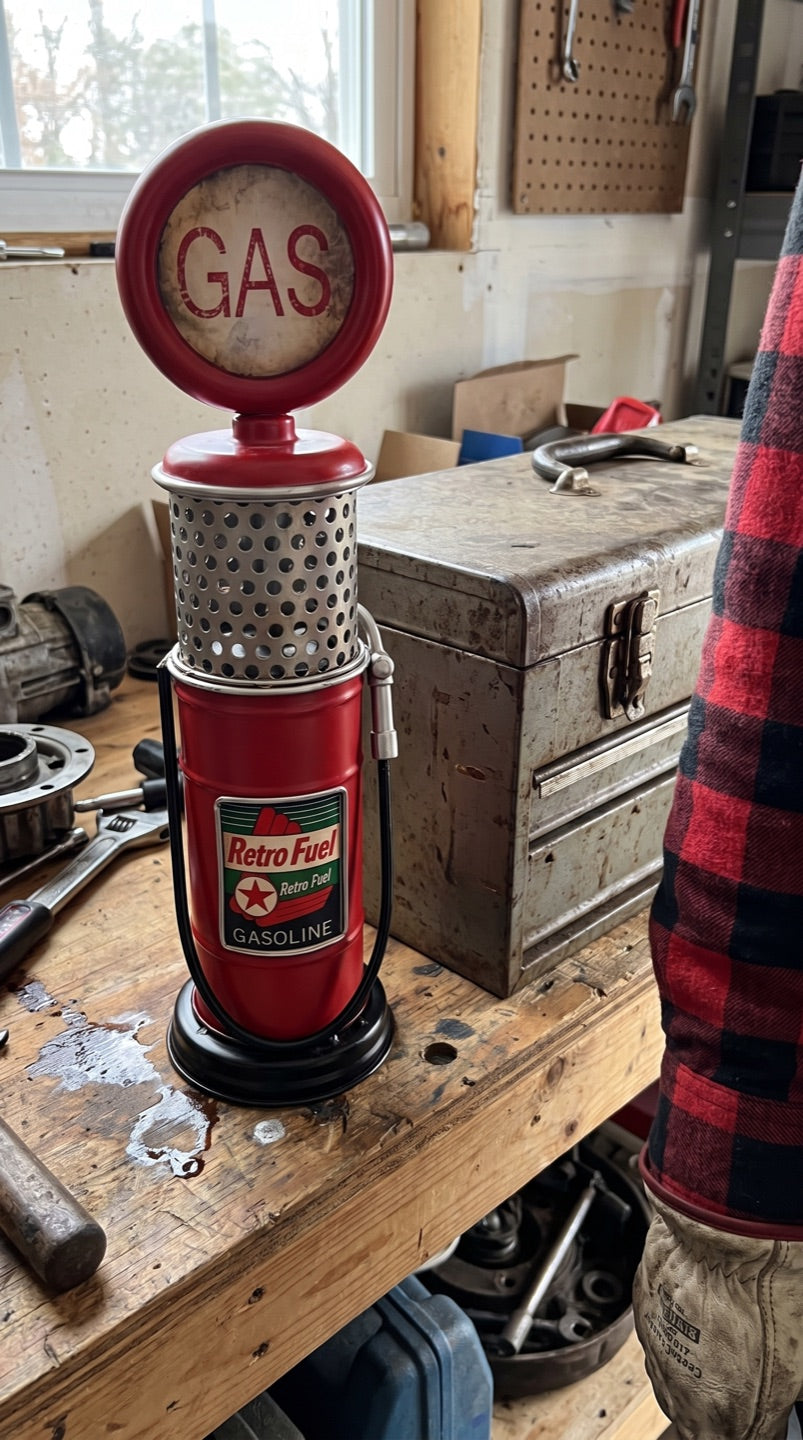 Gas pump coin bank on a garage workbench