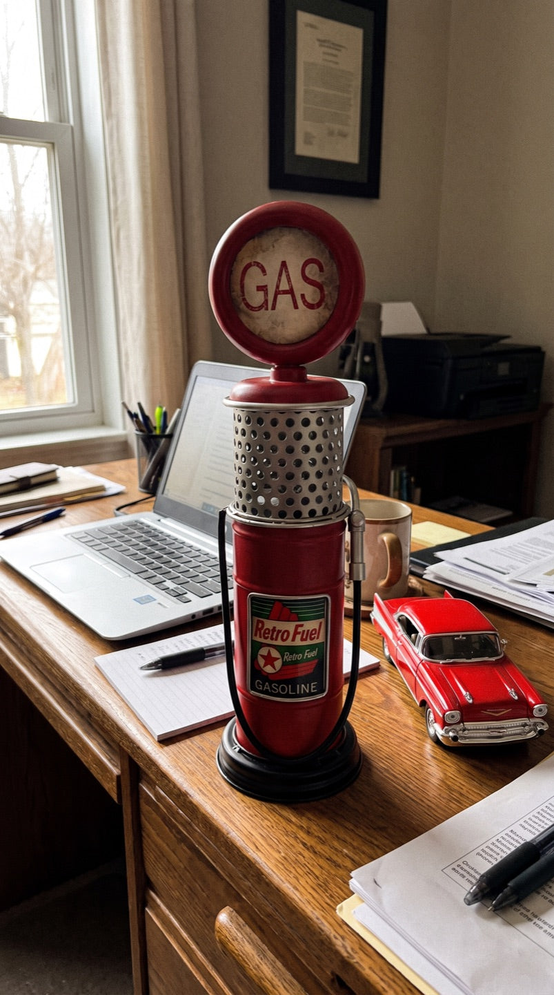 Gas pump coin bank on a home office desk