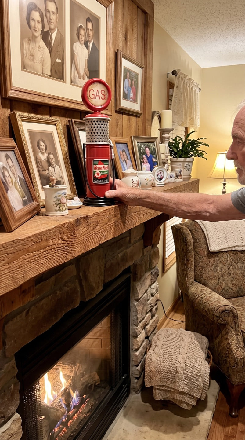 Gas pump coin bank on a fireplace mantel