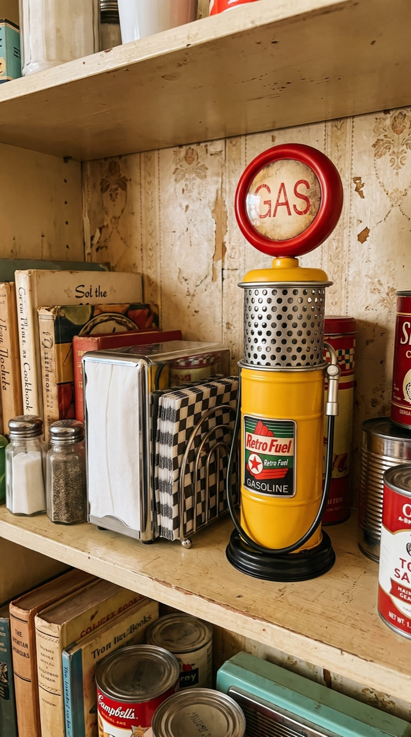 Yellow gas pump coin bank on a kitchen shelf