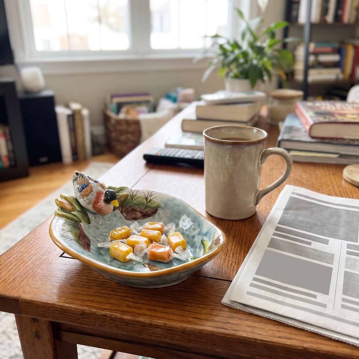 Mallard dish filled with candies on a coffee table