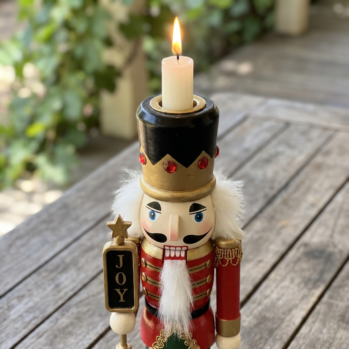 Close-up of the painted nutcracker's hat holding a dinner candle, gold crown with red jewels and JOY sign