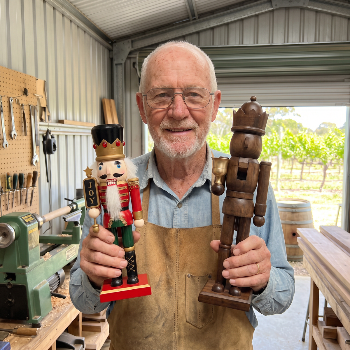 Gerhard Kleemann holding a painted and a natural pine nutcracker in his shed in the Barossa