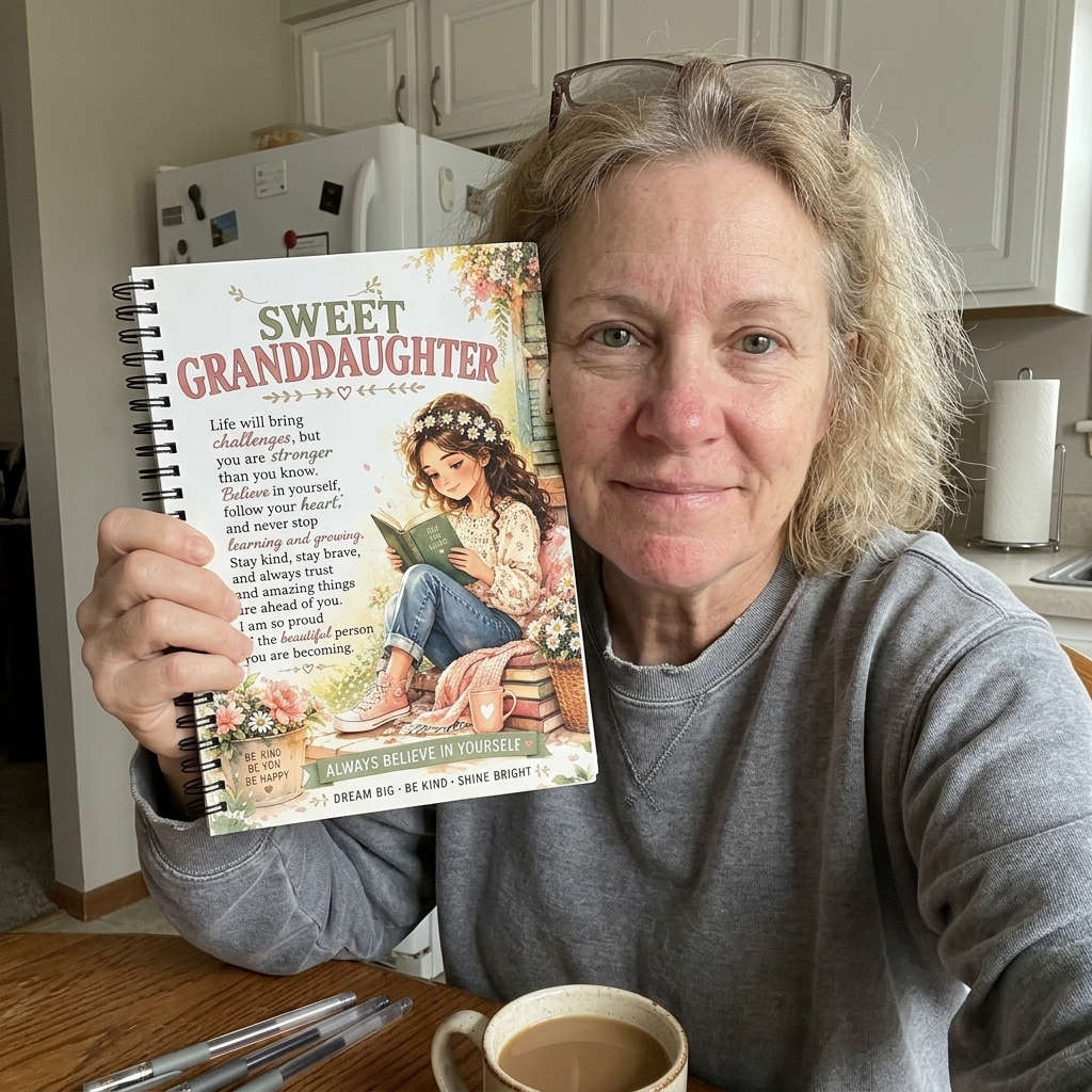 Customer holding the Sweet Granddaughter journal in her kitchen