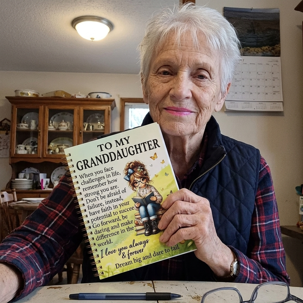 Grandmother holding the Butterfly Meadow journal at her dining table