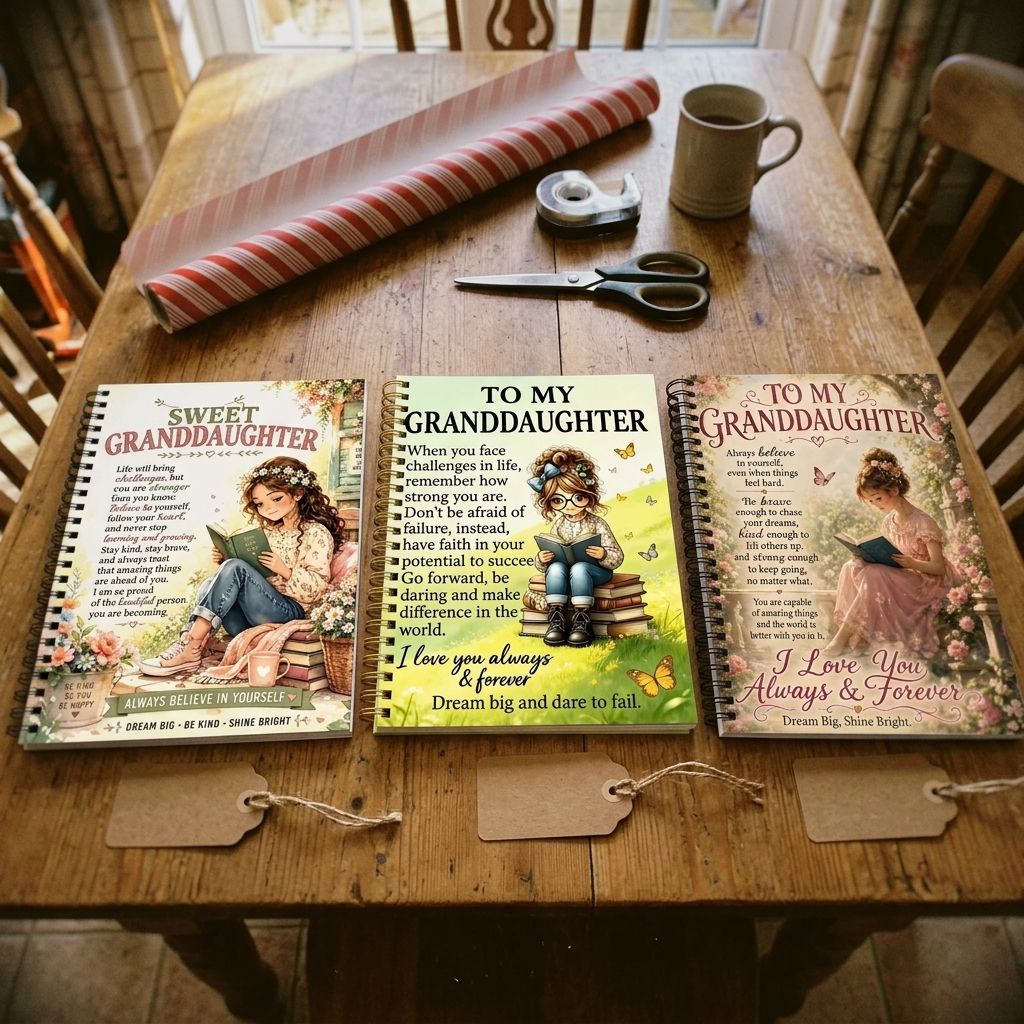 All three journal designs on a dining table before gift wrapping