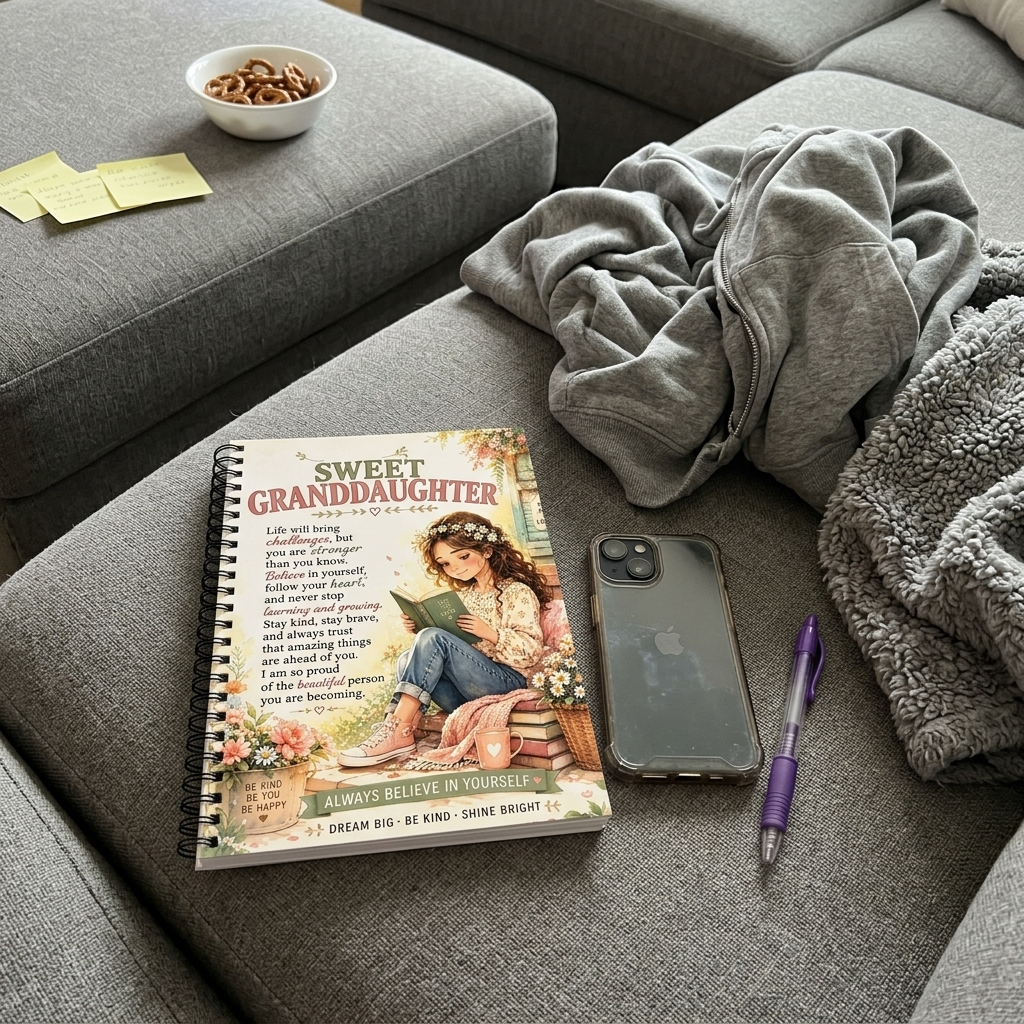 Sweet Granddaughter journal on the couch next to a phone lying face down