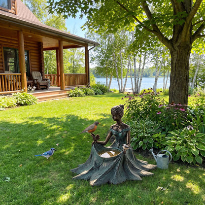 The bird bath in a summer garden by a lake with a robin