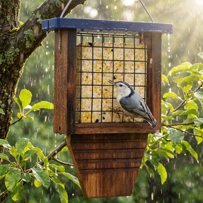 Feeder in summer rain with a nuthatch
