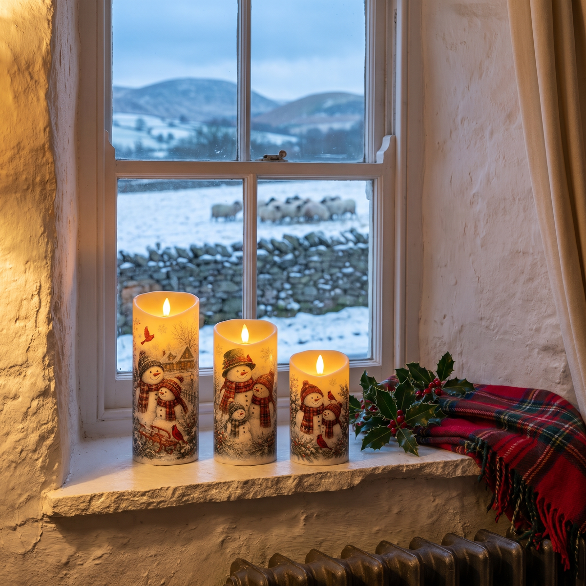 Hester's flameless snowman candles, set of three, glowing on a deep stone cottage windowsill with snow and fells outside