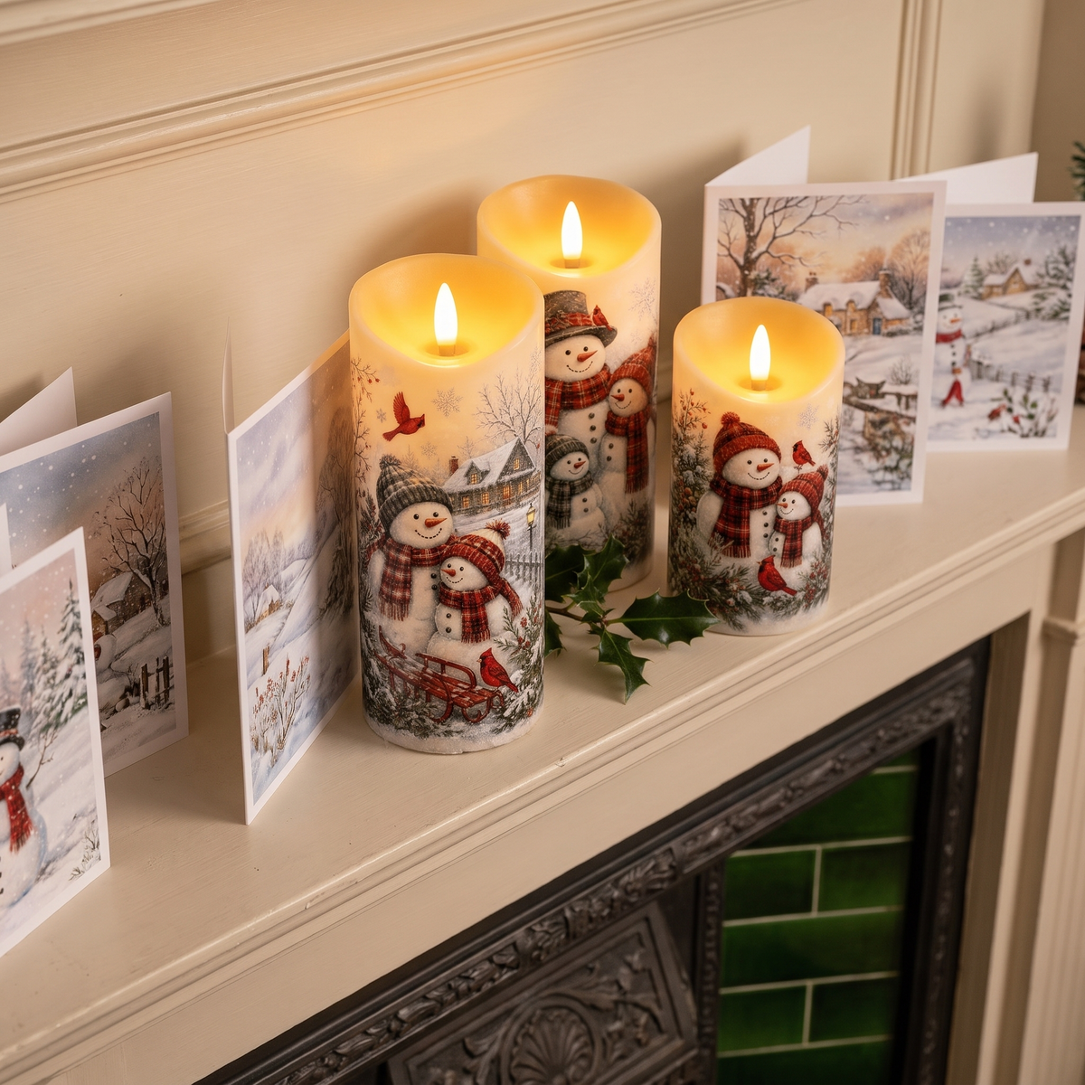 Hester's hand-painted snowman candles glowing on a mantelpiece between Christmas cards