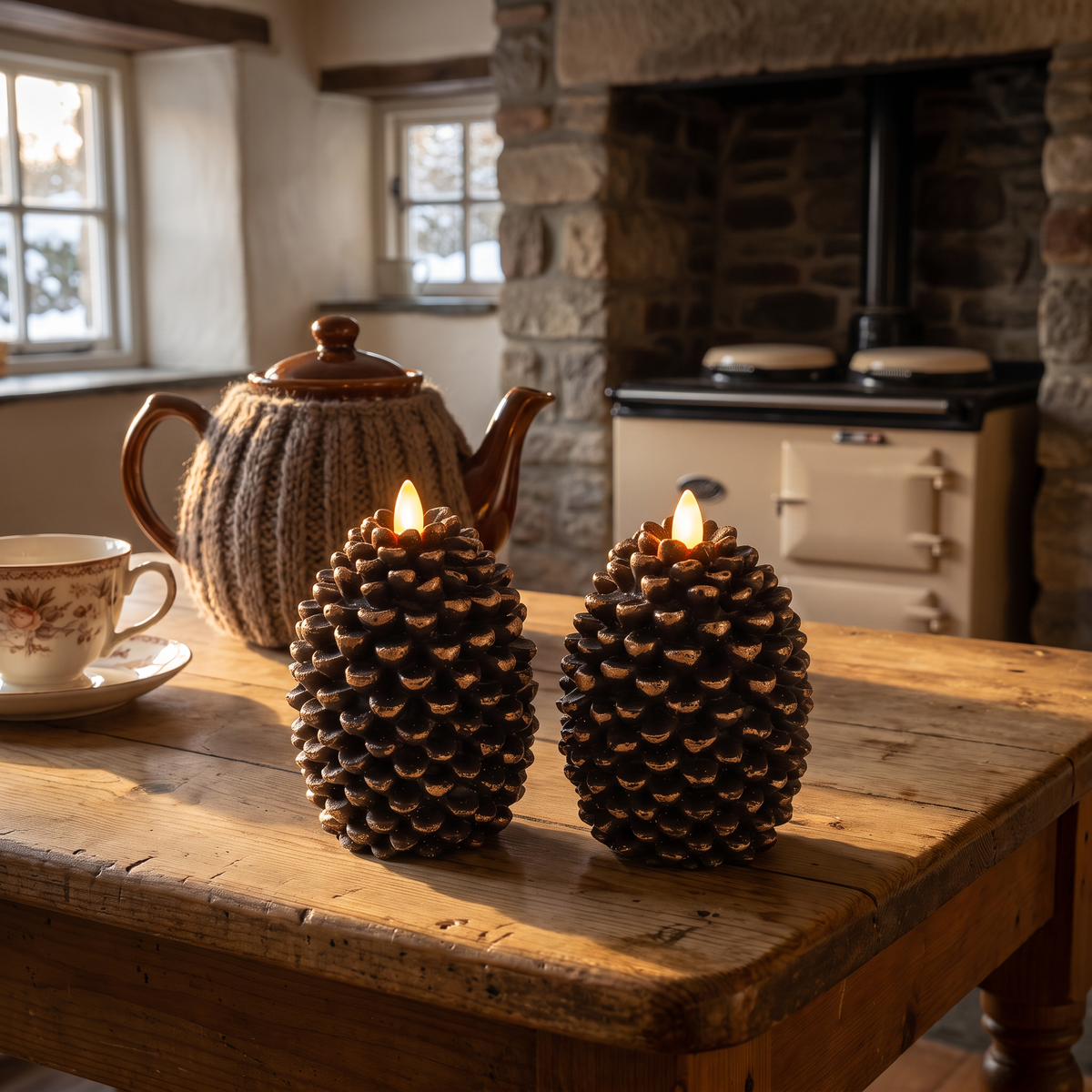 Hester's flameless pinecone candles, pair of two, glowing on a farmhouse kitchen table beside a teapot