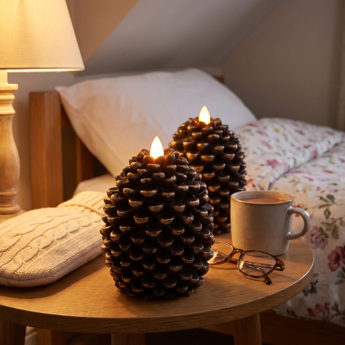Bronze-tipped flameless pinecone candle glowing on a bedside table