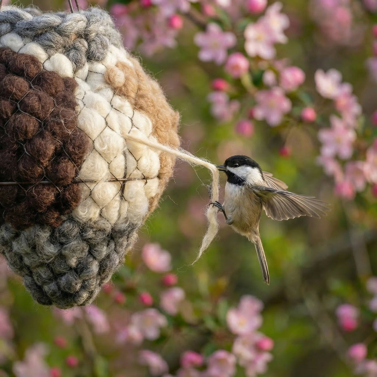 Songbird pulling alpaca fibre from the nesting heart