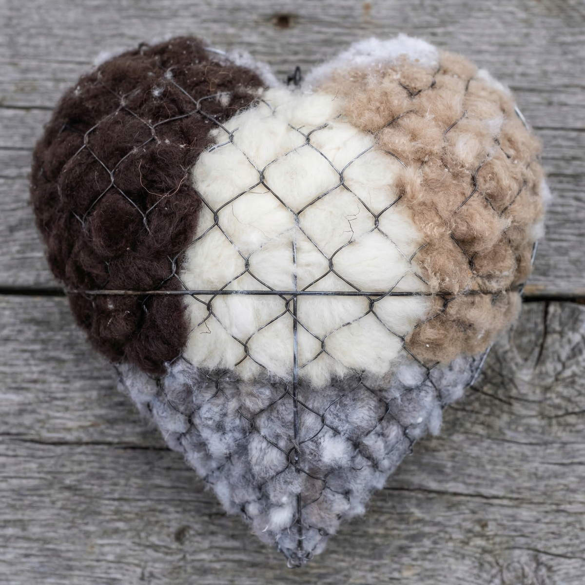 Alpaca-wool nesting heart, iron wire mesh frame filled with natural alpaca fibre
