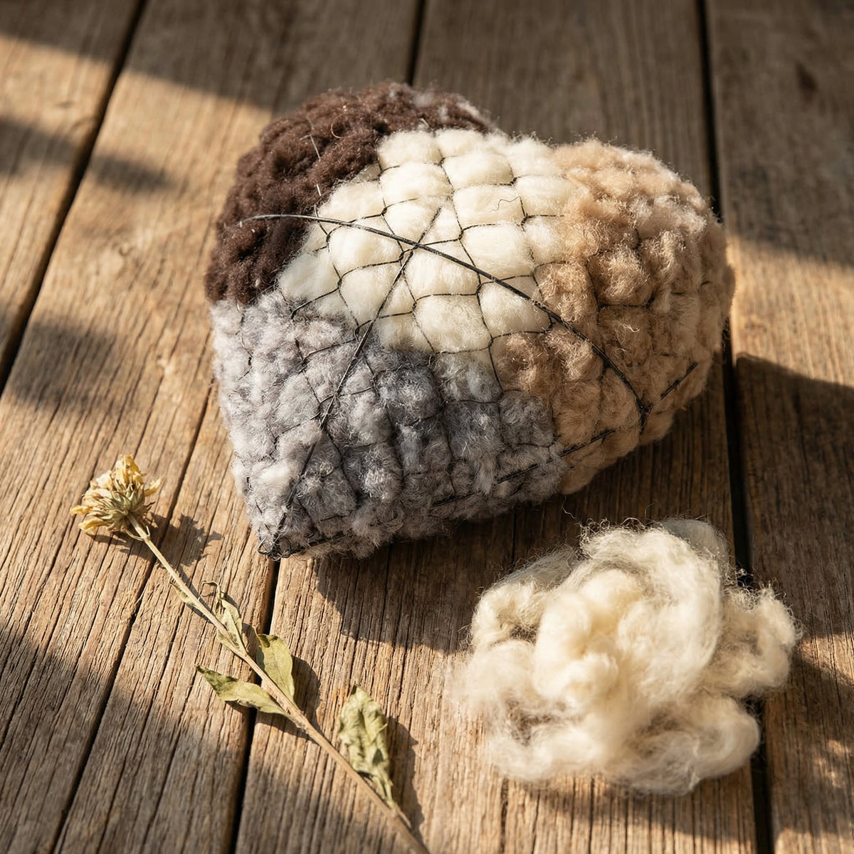 Carol's alpaca-wool nesting heart hanging in the garden