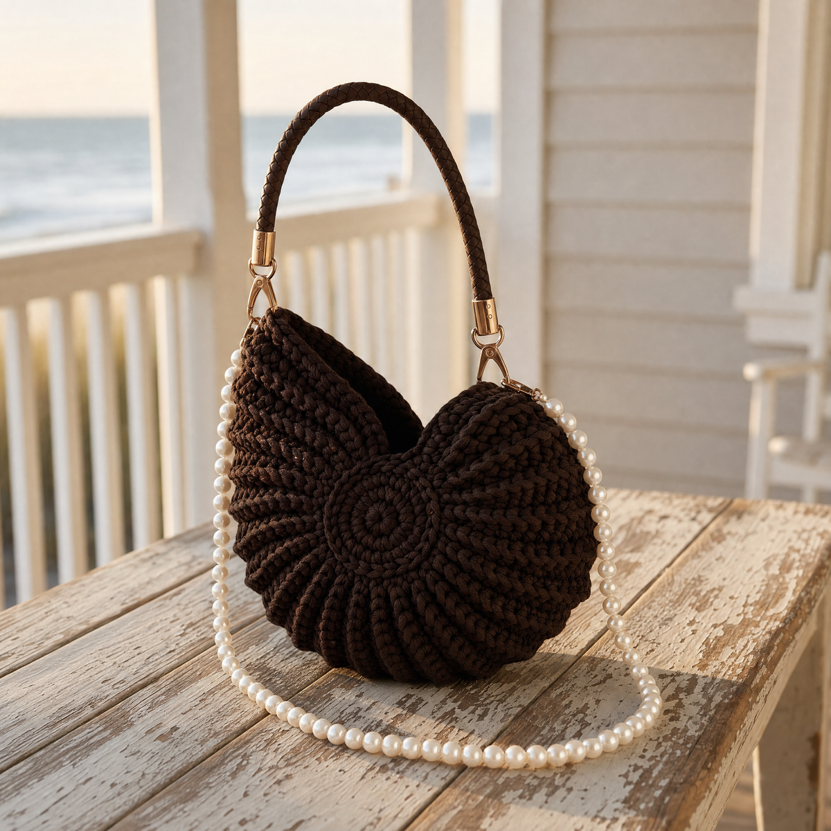 Hazel's Shell Handbag in Sand Brown - deep chocolate, hand-woven on Hatteras Island