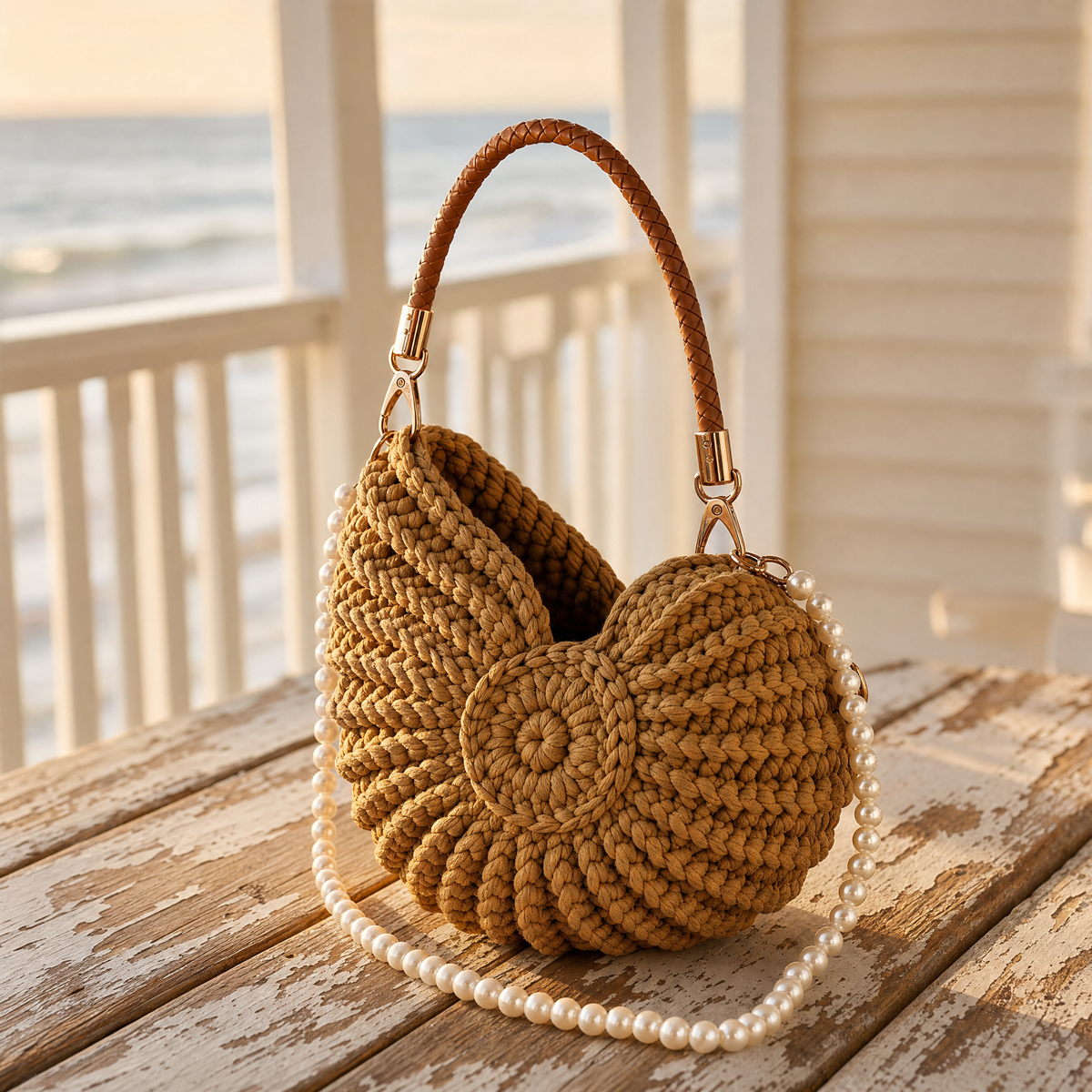 Hazel's Shell Handbag in Salt Khaki - warm sandy tan, hand-woven on Hatteras Island