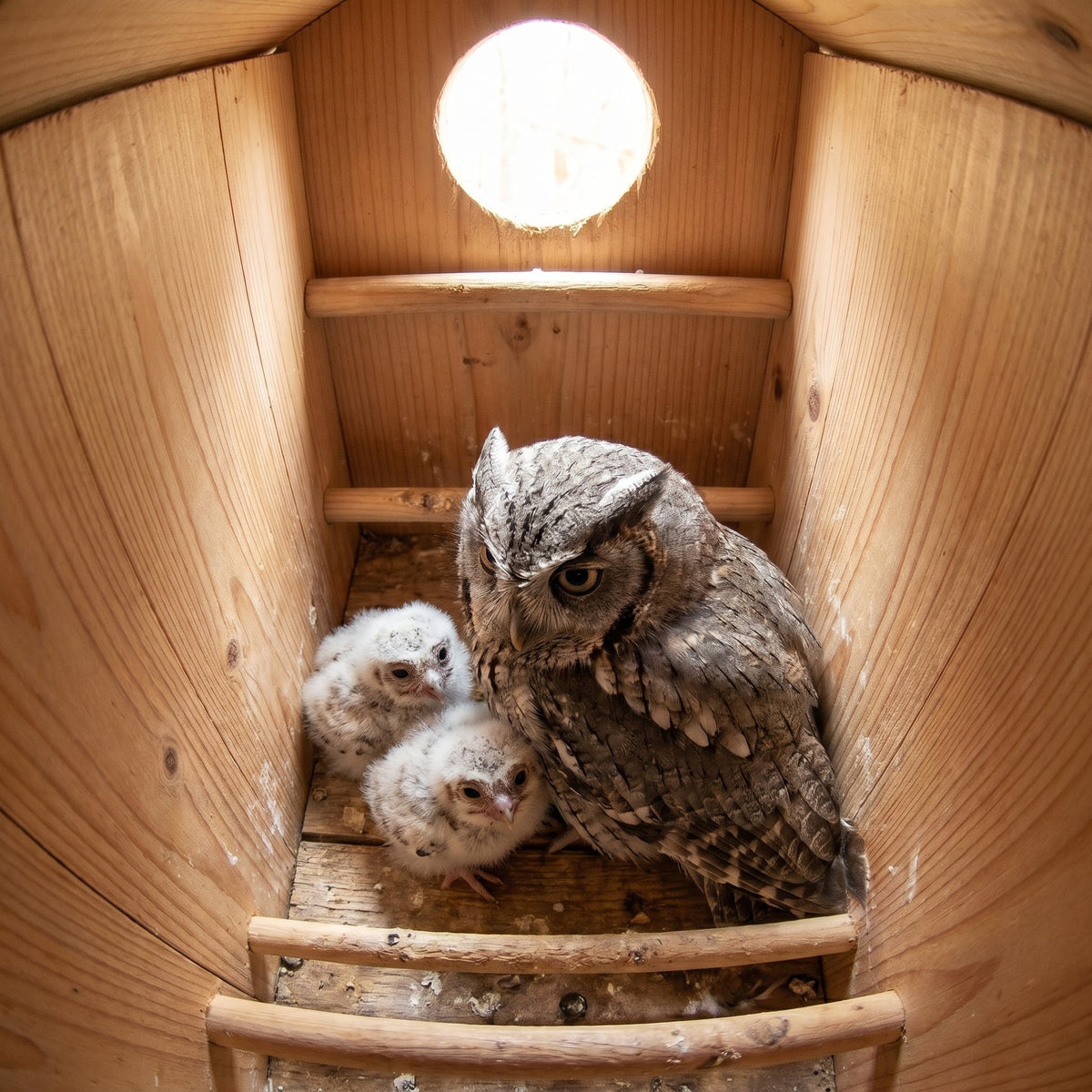 Inside the owl house: a screech-owl brooding two downy owlets on the wooden nest floor