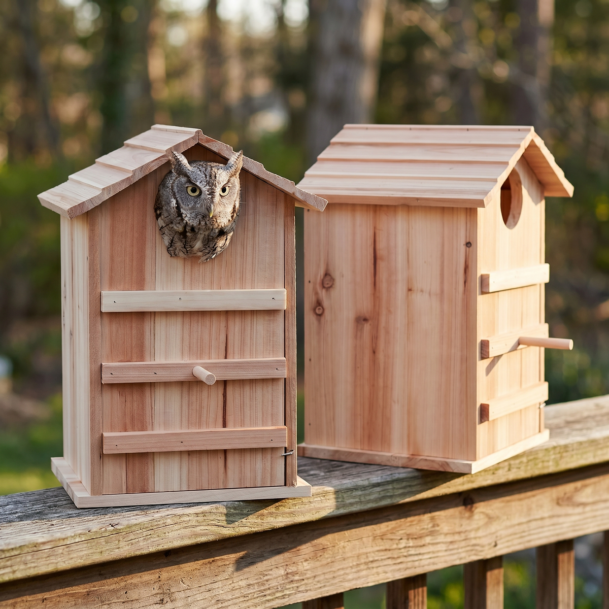 Two owl houses on a deck rail, one with a screech-owl looking out