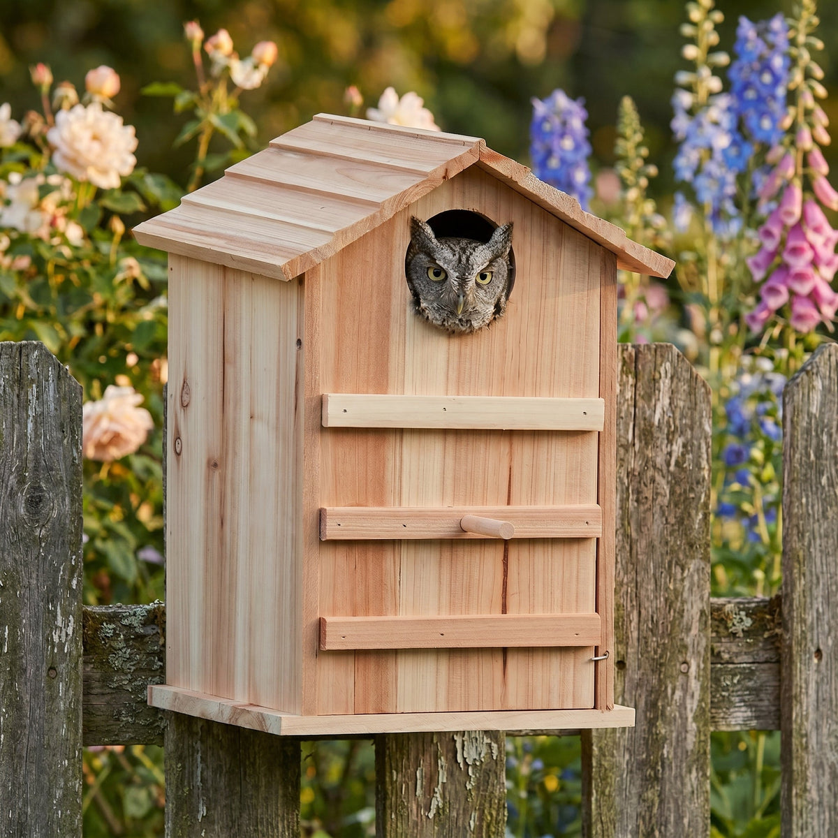 Owl house on a garden fence with a screech-owl looking out from the entrance