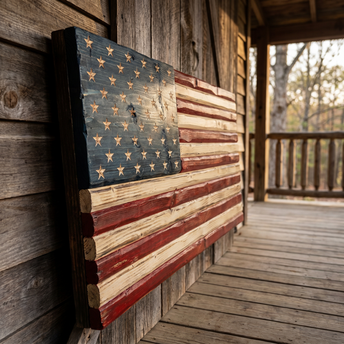 Handcrafted wooden American flag leaning on a rustic porch